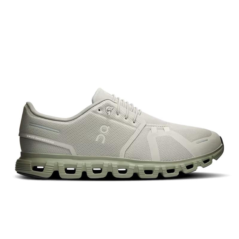 On Running Cloud 6 men's sneaker in light beige with signature CloudTec cushioned sole and mesh upper.