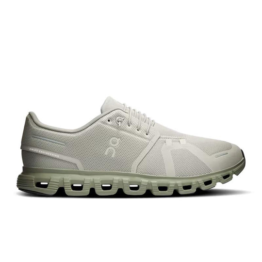 On Running Cloud 6 men's sneaker in light beige with signature CloudTec cushioned sole and mesh upper.