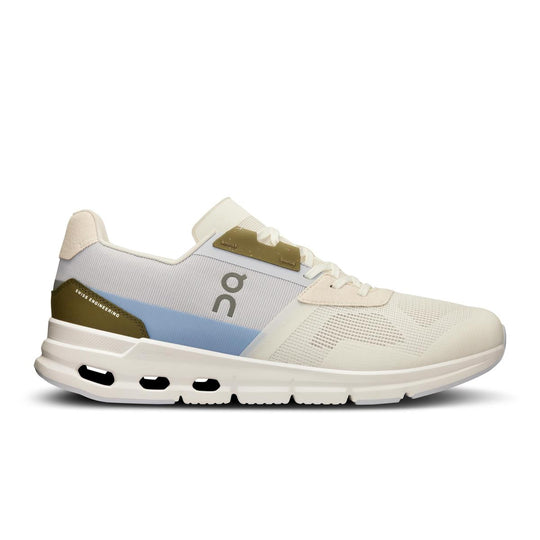 Women's On Running Cloudrift sneaker in white mesh with blue and tan accents, featuring signature CloudTec cushioning.