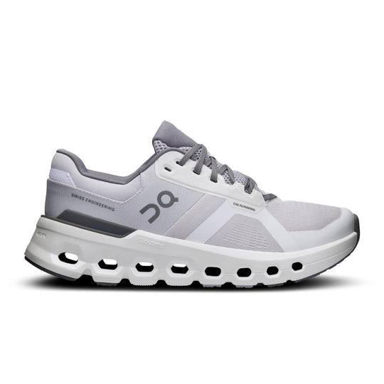 Women's On Running Cloudrunner in white and grey with breathable mesh upper and signature CloudTec cushioned sole.