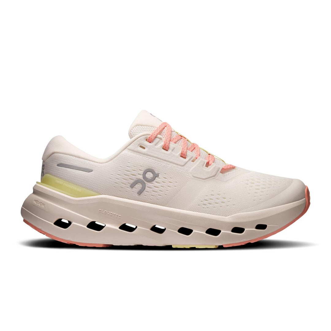 On Running Women's Cloudrunner in cream mesh with coral accents and supportive CloudTec cushioning sole.