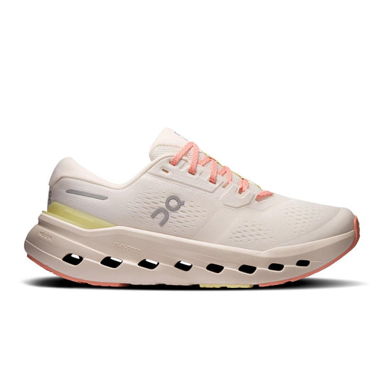 On Running Women's Cloudrunner in cream mesh with coral accents and supportive CloudTec cushioning sole.
