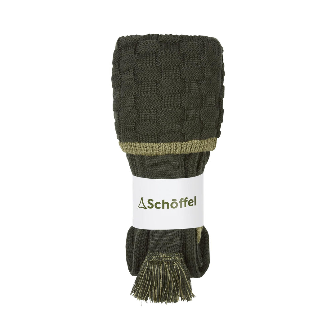 Olive green Schöffel merino wool hunting socks with a textured cuff, ribbed leg, and matching decorative garter tassel.