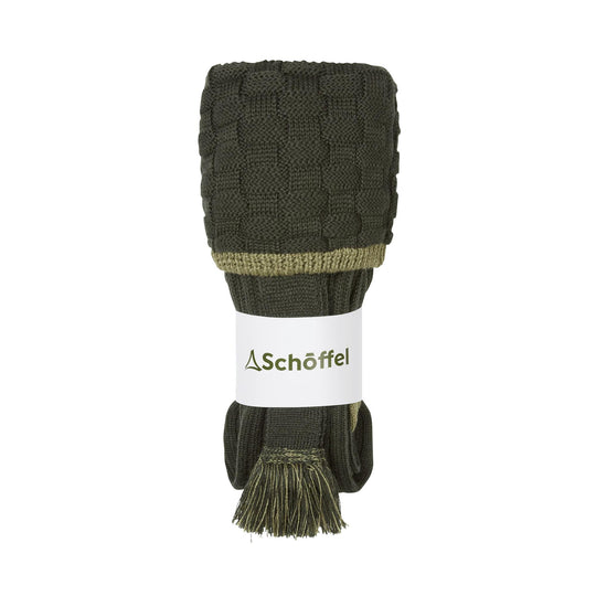 Olive green Schöffel merino wool hunting socks with a textured cuff, ribbed leg, and matching decorative garter tassel.