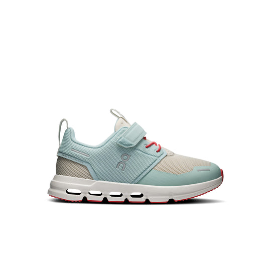 Light blue and beige On Running Cloud Play kids sneaker with a hook-and-loop strap, white CloudTec sole, and red accents.