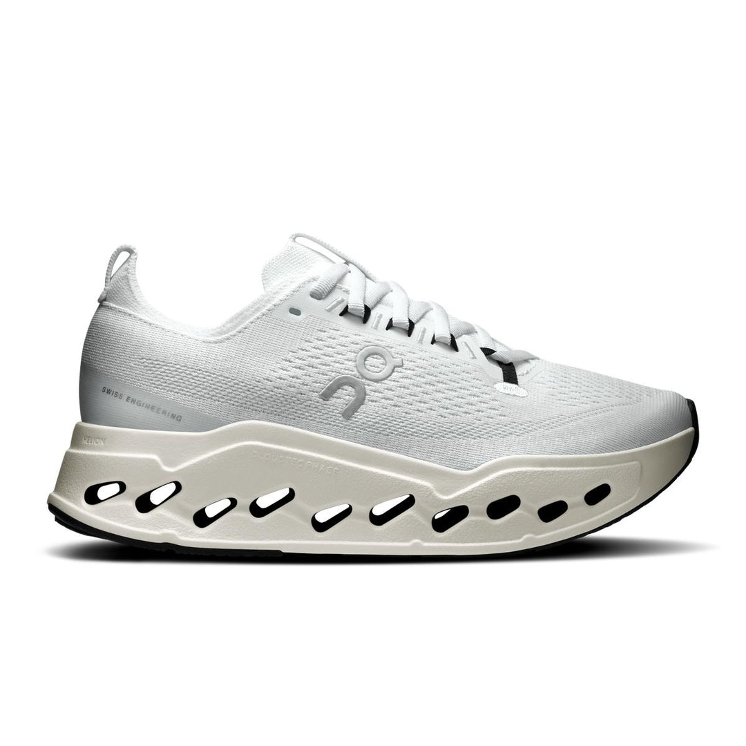 Women's white On Running Cloudsurfer Max shoe with a thick, cushioned CloudTec Phase sole and breathable mesh upper.
