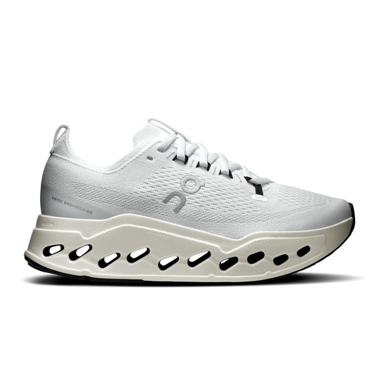 Women's white On Running Cloudsurfer Max shoe with a thick, cushioned CloudTec Phase sole and breathable mesh upper.