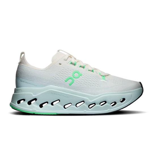 On Running Women's Cloudsurfer Max in white with mint green accents, featuring a thick CloudTec Phase cushioned sole.