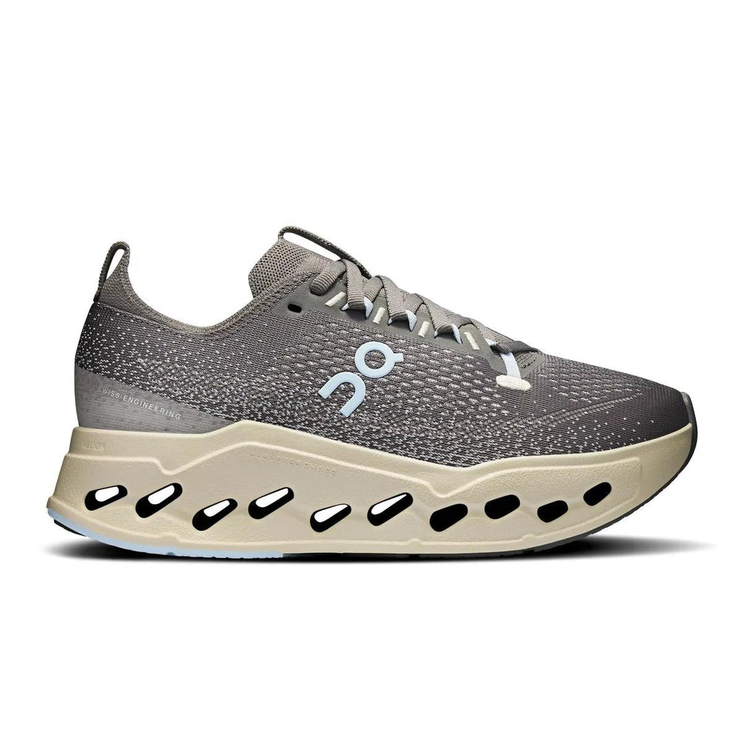 Grey On Running Cloudsurfer Max shoe with a thick, cream-colored CloudTec Phase cushioned sole and sock-like upper.