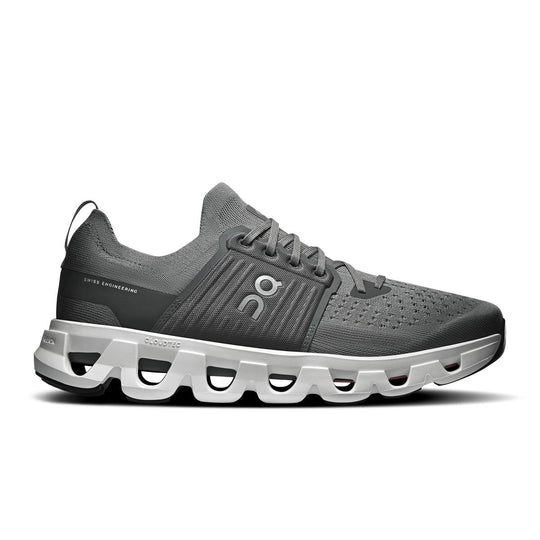 Grey On Running Cloudswift 4 road shoe with breathable mesh upper, midfoot cage, and white Helion superfoam cushioned sole.