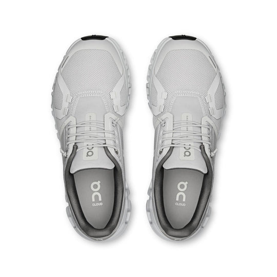 Top-down view of light grey On Running Women's Cloud 6 sneakers with mesh upper and cushioned CloudTec sole.