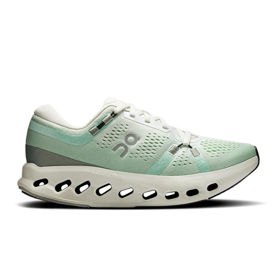 Women's On Cloudsurfer 2 running shoe in mint green mesh with a white CloudTec Phase midsole and signature logo branding.