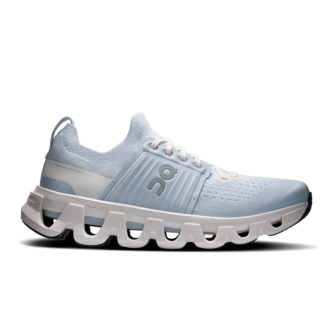 Light blue On Running Cloudswift 4 women's shoe with breathable mesh upper, supportive midfoot cage, and white CloudTec sole.