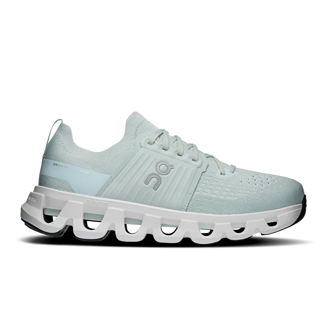Light green On Running Cloudswift 4 women's shoe with breathable mesh upper, midfoot cage, and white CloudTec foam sole.