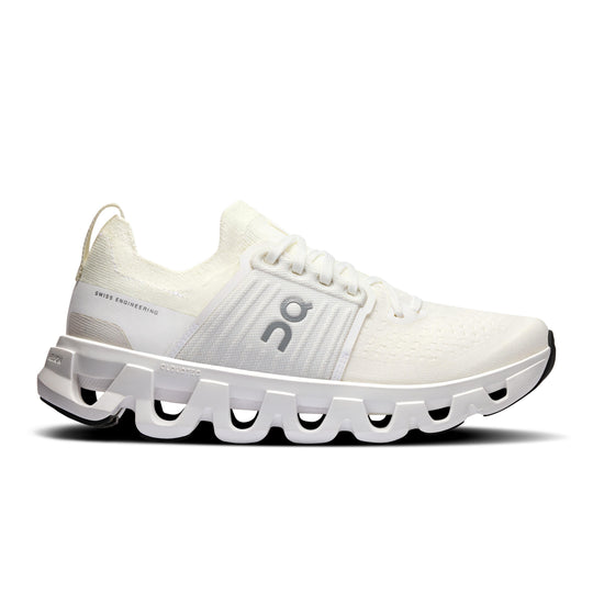 Women's On Cloudswift 4 running shoe in white with a breathable mesh upper, supportive midfoot cage, and CloudTec midsole.