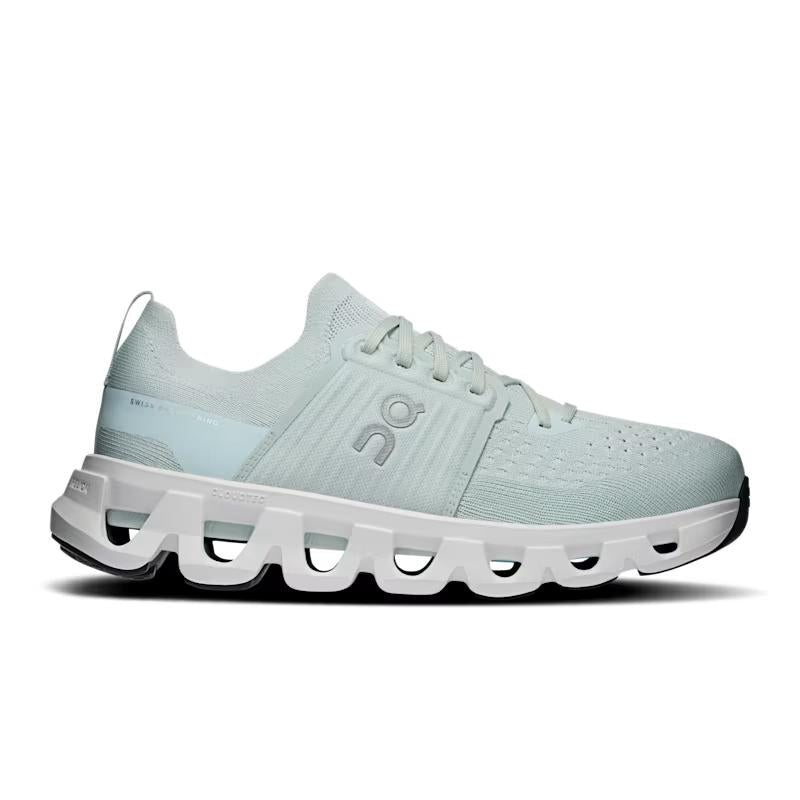 Light green On Running Cloudswift 4 women's shoe with breathable mesh upper, midfoot cage, and white CloudTec foam sole.