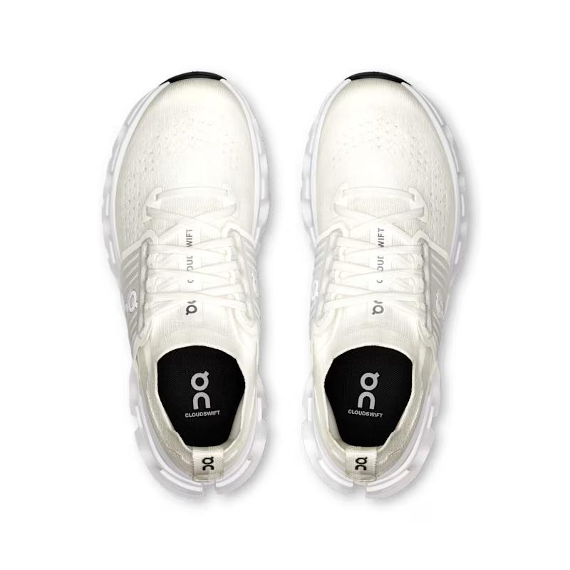 Top view of white On Running Cloudswift 4 women's sneakers with breathable mesh upper and supportive midfoot cage.