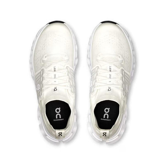 Top view of white On Running Cloudswift 4 women's sneakers with breathable mesh upper and supportive midfoot cage.