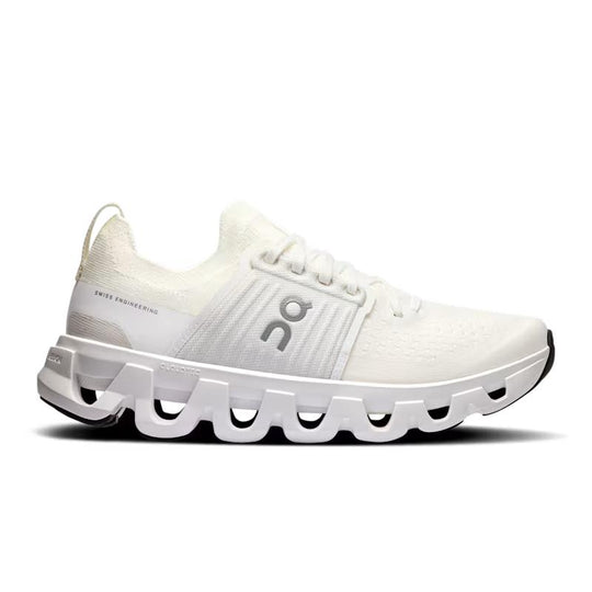 Women's On Cloudswift 4 running shoe in white with a breathable mesh upper, supportive midfoot cage, and CloudTec midsole.