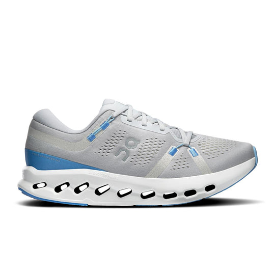 Grey On Running Cloudsurfer 2 men's sneaker with blue accents, breathable mesh upper, and CloudTec Phase foam midsole.