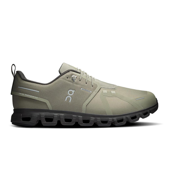 On Running Cloud 6 waterproof men's shoe in olive green with a breathable mesh upper and black cushioned sole.