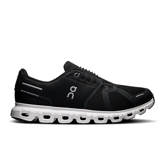 Men's On Running Cloud 6 wide sneaker in black mesh with a white cushioned sole and signature Swiss engineering logo.