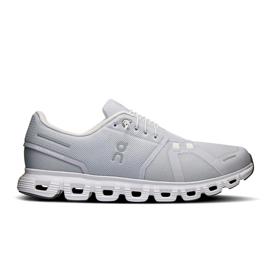 Light grey On Running Cloud 6 wide men's sneaker with breathable mesh upper and signature cushioned sole.
