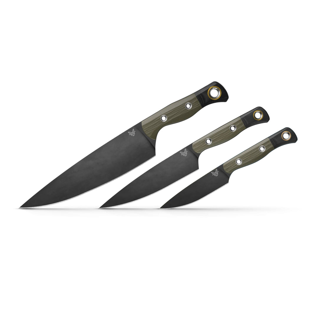 Benchmade 3-piece cutlery set featuring black blades and olive green textured handles with gold-accented lanyard holes.
