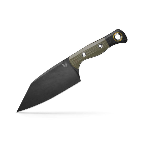 Benchmade Station Knife with a black clip-point blade and an olive green textured handle featuring a gold lanyard hole.