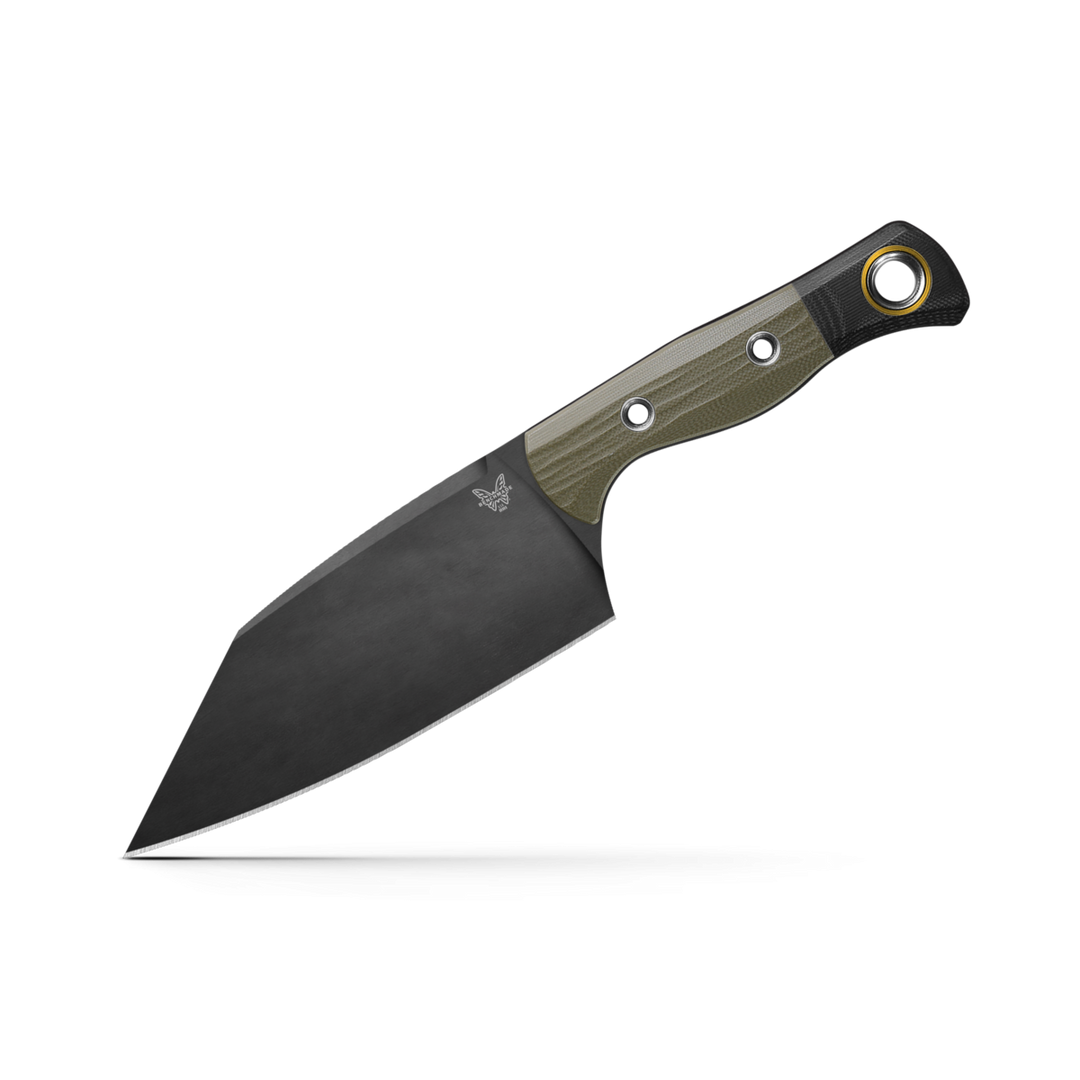 Benchmade Station Knife with a black clip-point blade and an olive green textured handle featuring a gold lanyard hole.