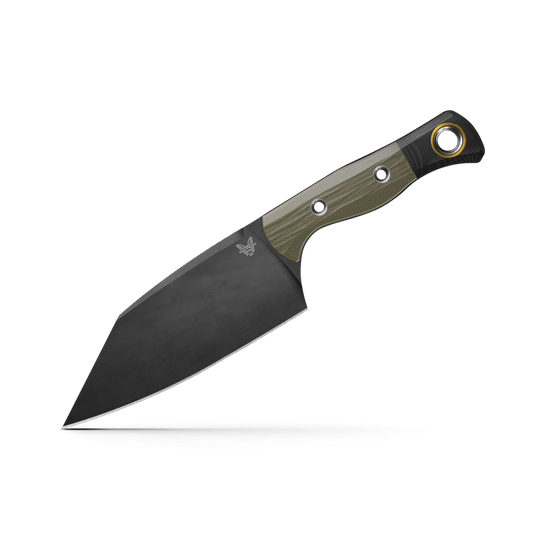Benchmade Station Knife with a black clip-point blade and an olive green textured handle featuring a gold lanyard hole.