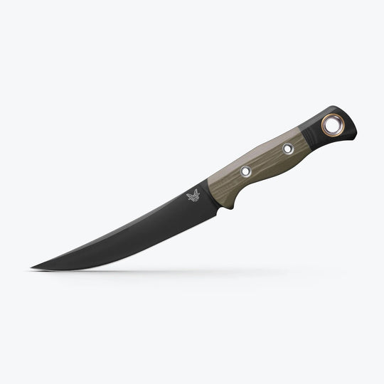 Benchmade Meatcrafter fixed blade knife with a black CPM-154 steel blade and textured olive green handle.