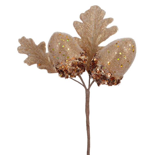 11.75-inch copper and brown beaded acorn pick with sparkling glittered leaves and sequin accents for autumn decor.