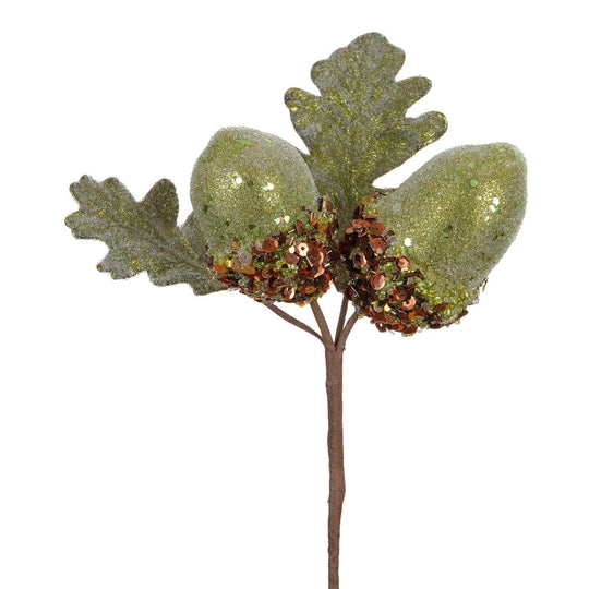 11.75-inch green and brown beaded acorn pick with sparkling glitter leaves and sequin accents for autumn decor.