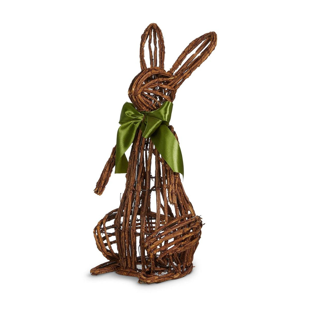 Handcrafted open vine rabbit figurine made of rustic brown twigs with a decorative green satin ribbon bow.