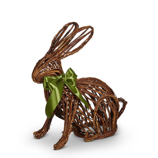 Handcrafted rabbit figurine made of rustic brown woven twigs with a decorative green satin ribbon bow.