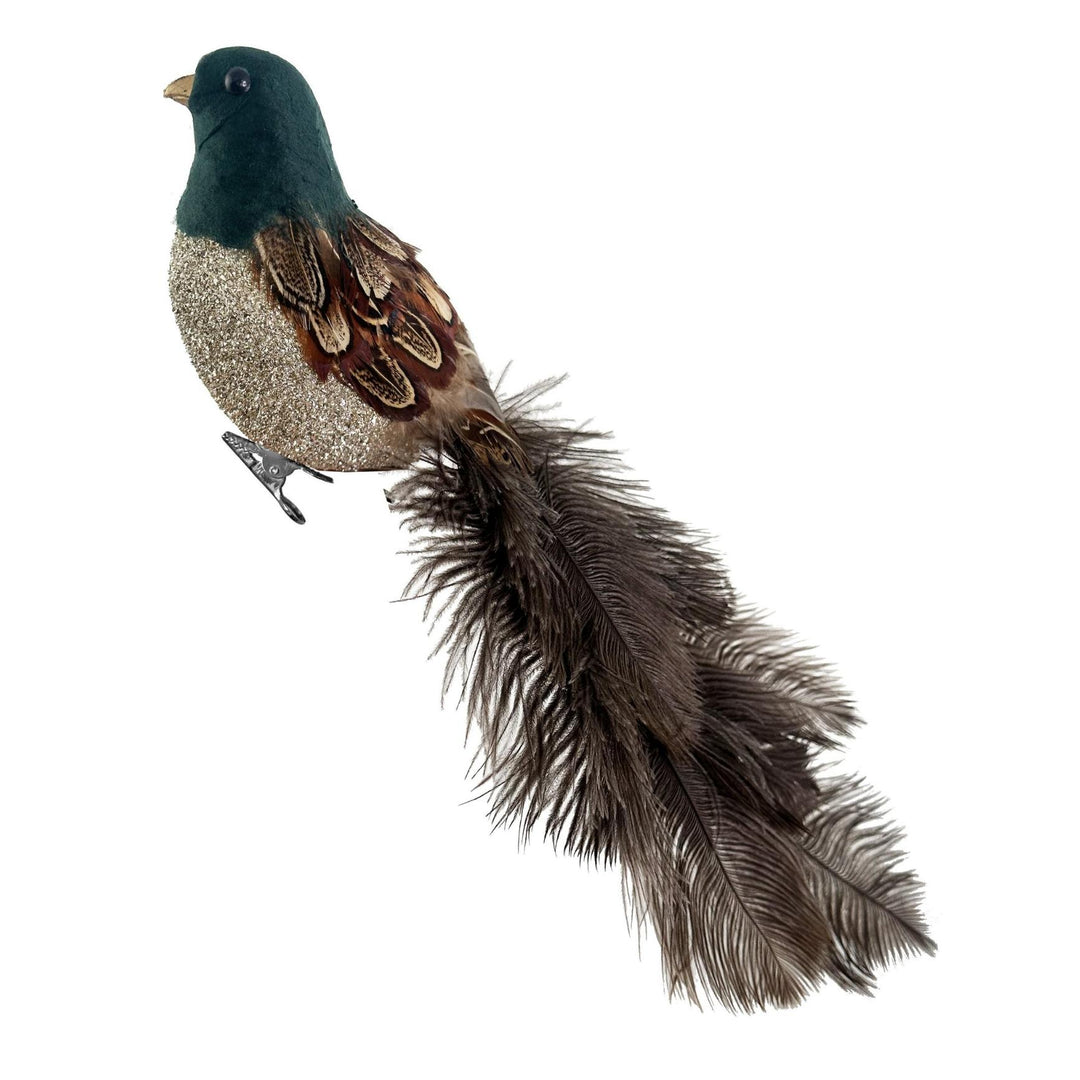12-inch decorative bird ornament with a green head, glittery body, and long, flowing brown ostrich feather tail.