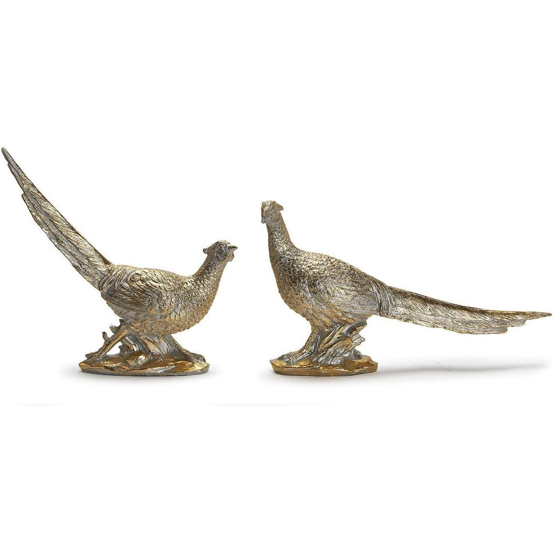 Set of two intricately detailed golden resin pheasant figurines for elegant mantel or holiday table décor.