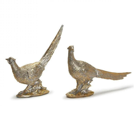 Set of two intricately detailed golden resin pheasant figurines for elegant mantel or holiday table decor.