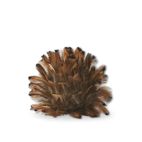 Decorative rust brown pheasant feather ball ornament with a layered, textured design for fall home decor.