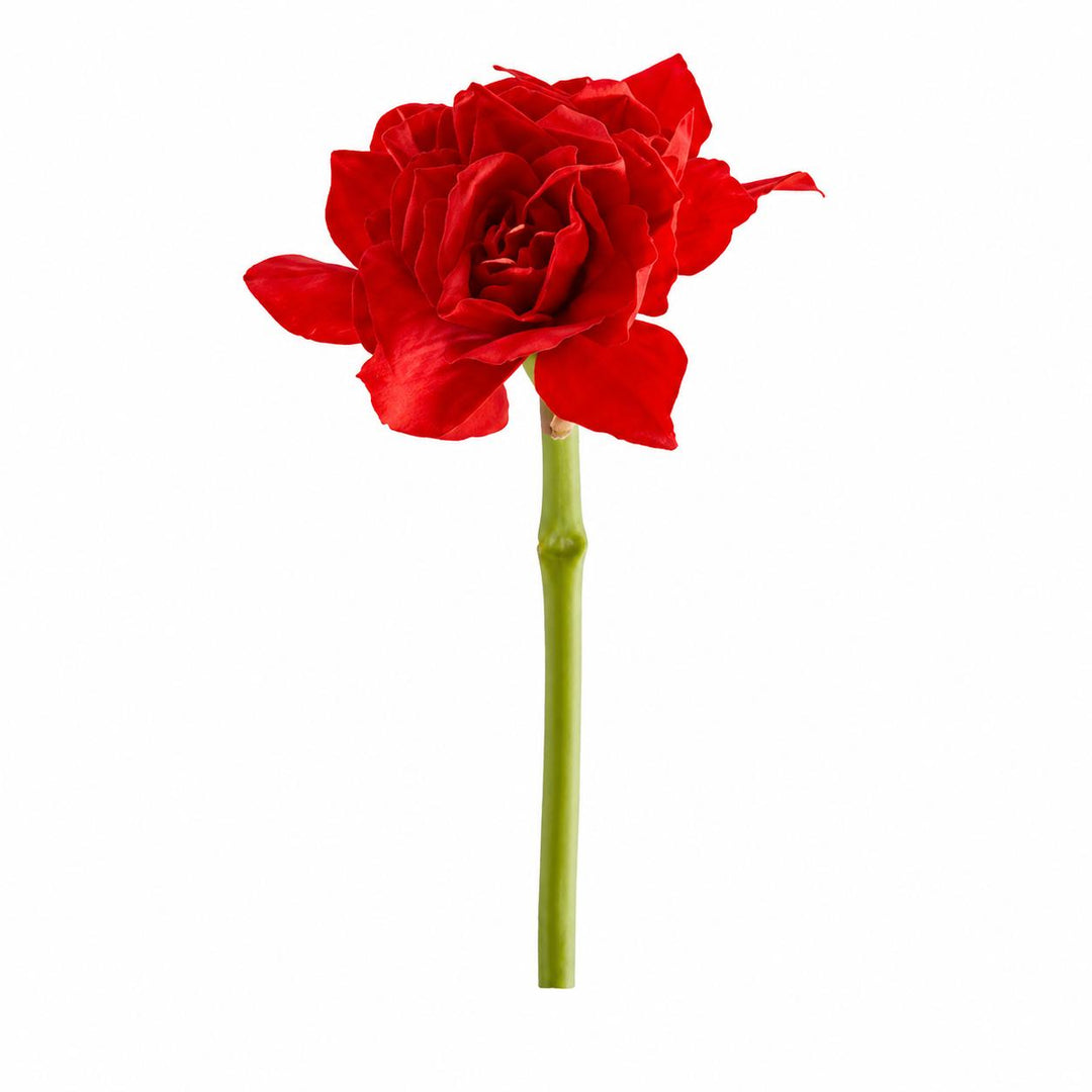 16-inch artificial red amaryllis stem with realistic polyester petals and a green stalk on a white background.