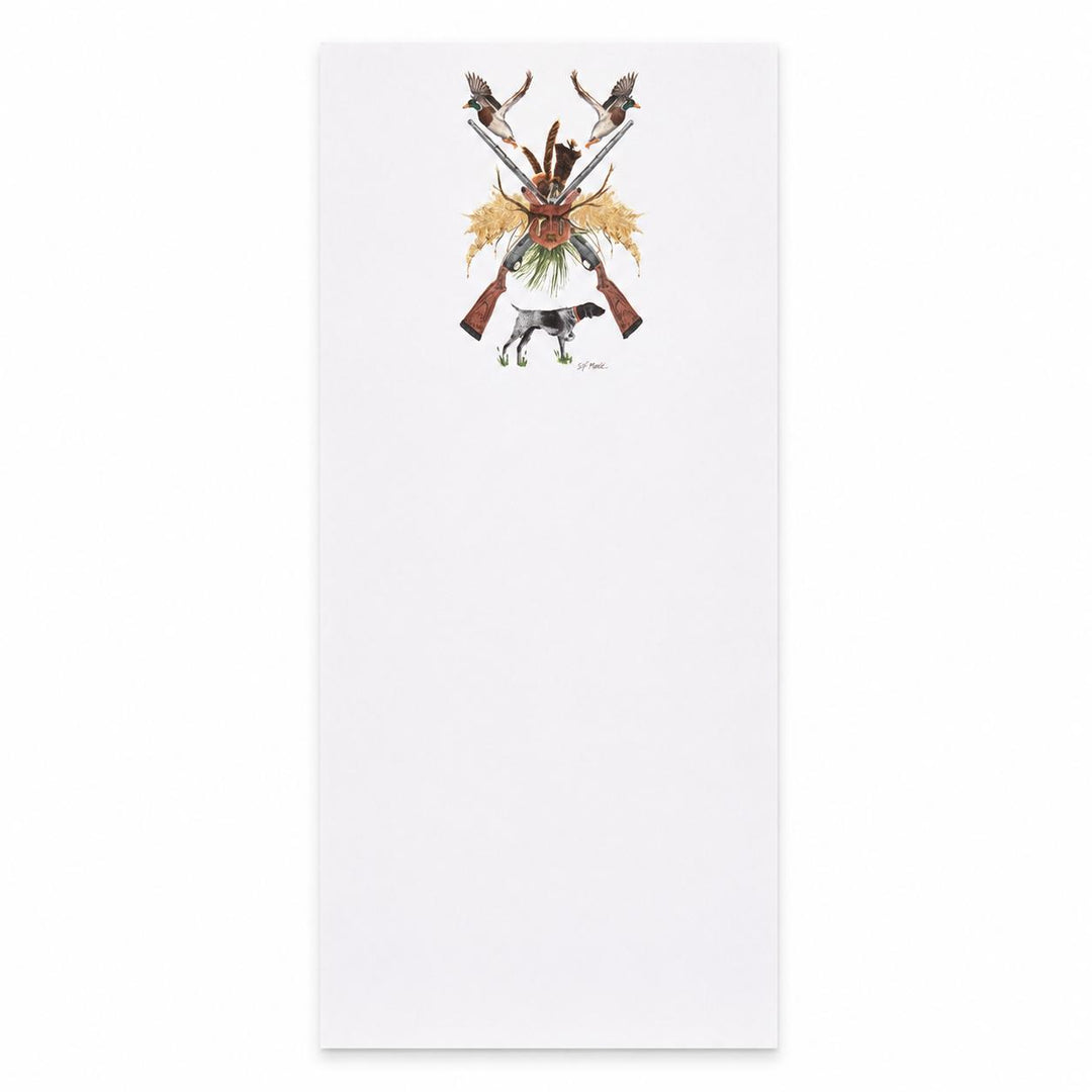 Tall white notepad featuring a watercolor sportsman crest with hunting dogs, shotguns, and birds at the top.