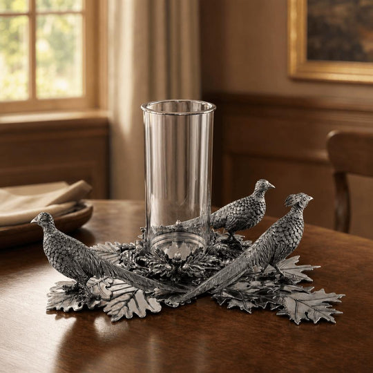 Pewter Pheasant Pillar Hurricane Centerpiece-Home/Giftware-Kevin's Fine Outdoor Gear & Apparel