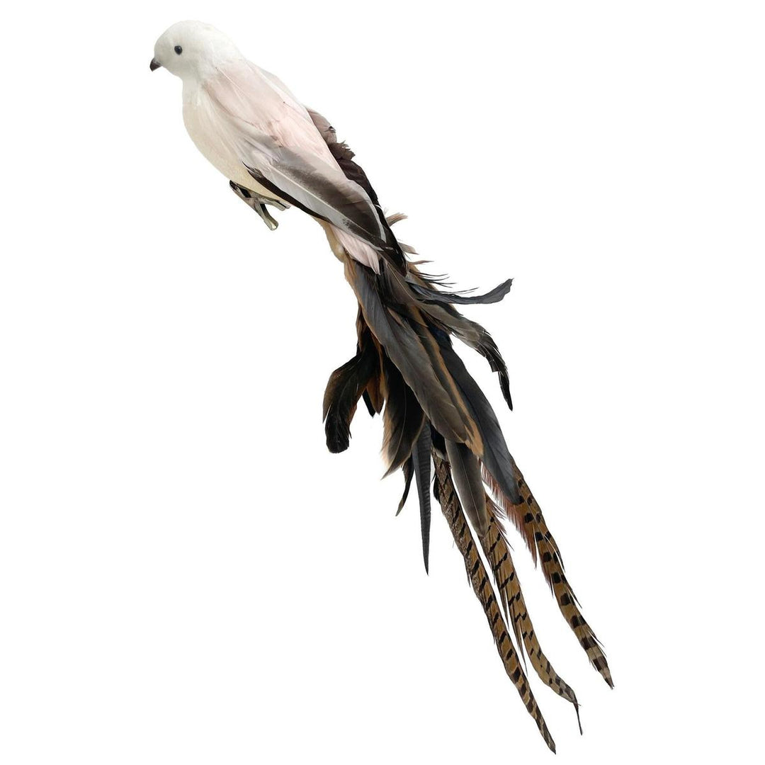 Beige and brown feathered bird ornament with a long, layered tail and a metal clip for holiday decorating.