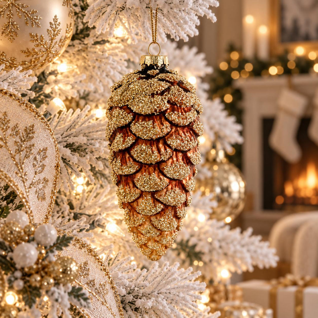 6" Glass Brown Gold Glitter Cone Ornament-Home/Giftware-Kevin's Fine Outdoor Gear & Apparel