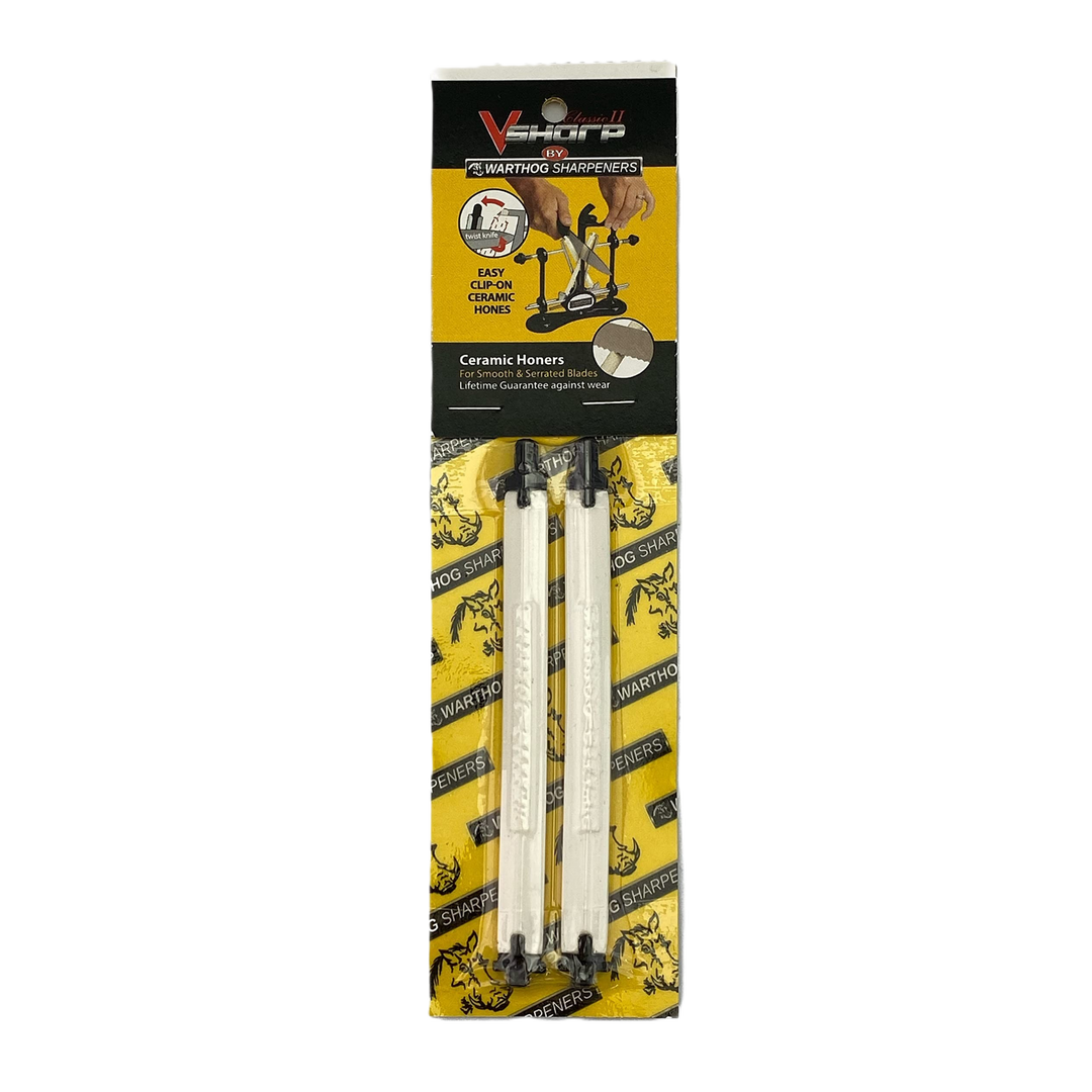 Two white ceramic honing rods for Warthog V-Sharp Classic II sharpeners in yellow retail packaging.