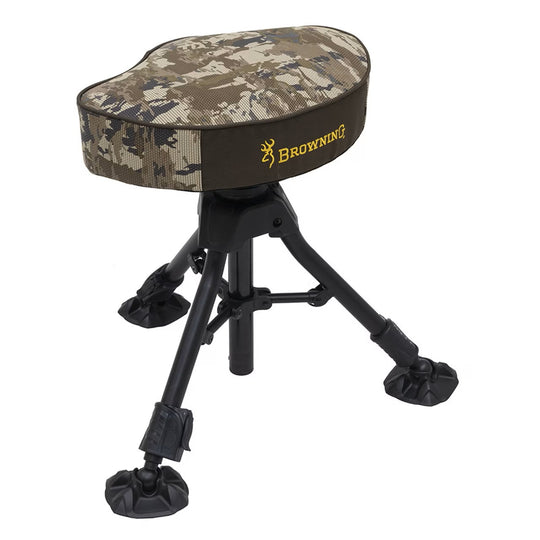Browning Sportsman 360 swivel hunting stool with camo TechMesh seat and adjustable black steel tripod legs.