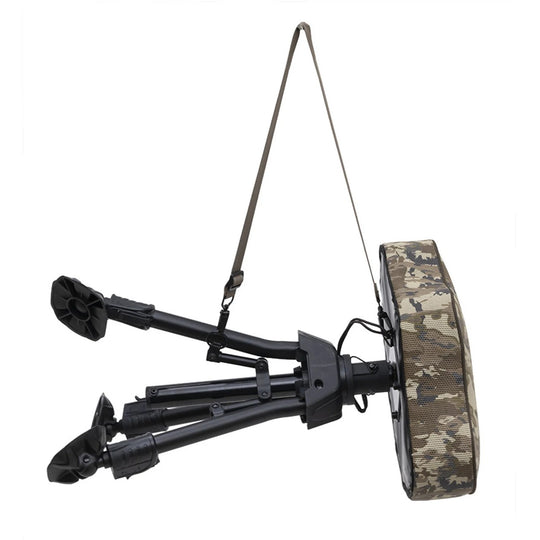 Browning Sportsman 360 swivel hunting stool with camo TechMesh seat, black steel frame, and adjustable carry strap.