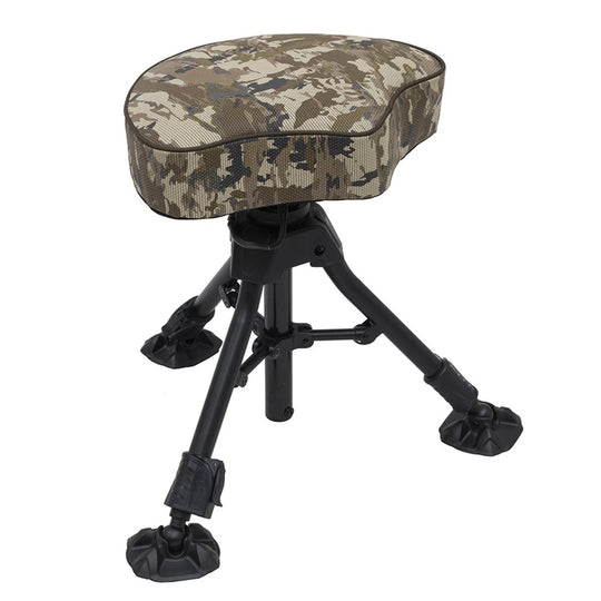 A hunting stool with a camouflage-patterned seat cushion and a black adjustable tripod base, shown against a plain white background.