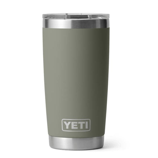 Olive green YETI 20 oz Rambler tumbler in stainless steel with a clear MagSlider lid on a white background.